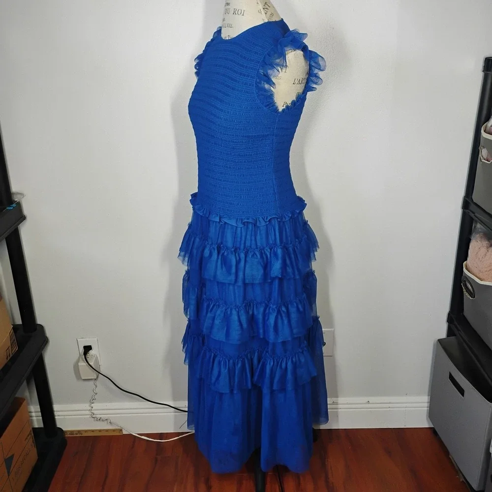 ME+EM Ethereal Tulle Shirred Midi Dress Womens 8 Royal Blue Tiered Wedding Party